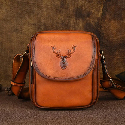 Genuine Leather Deer Head Men's Shoulder Vintage Cowhide Crossbody Fashion Messenger Bag Man Strap Handbags