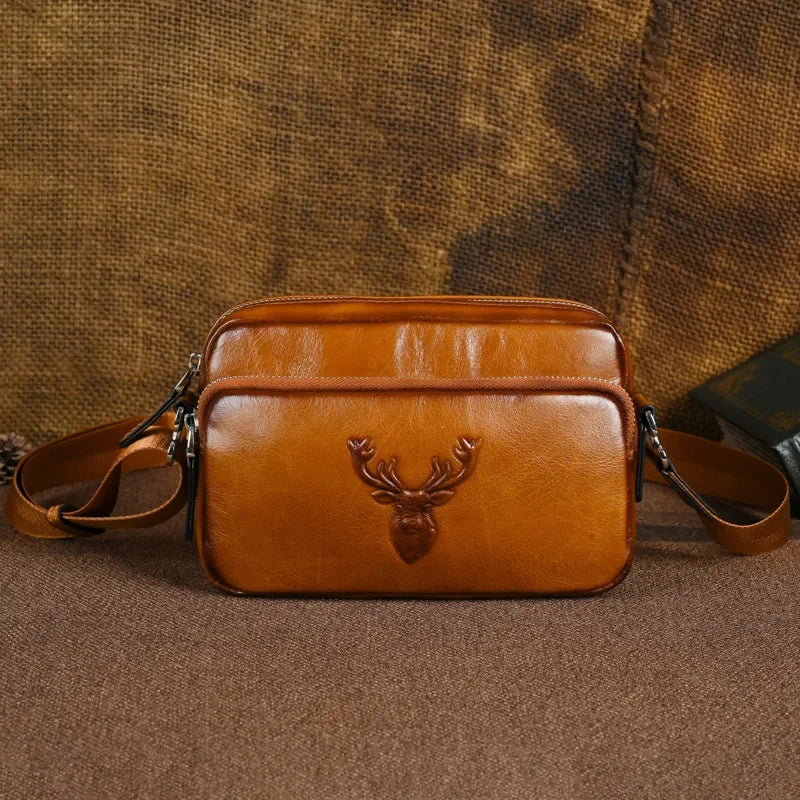 Genuine Leather Deer Head Men's Shoulder Vintage Crossbody Cowhide Male Messenger Luxury Sling Bag