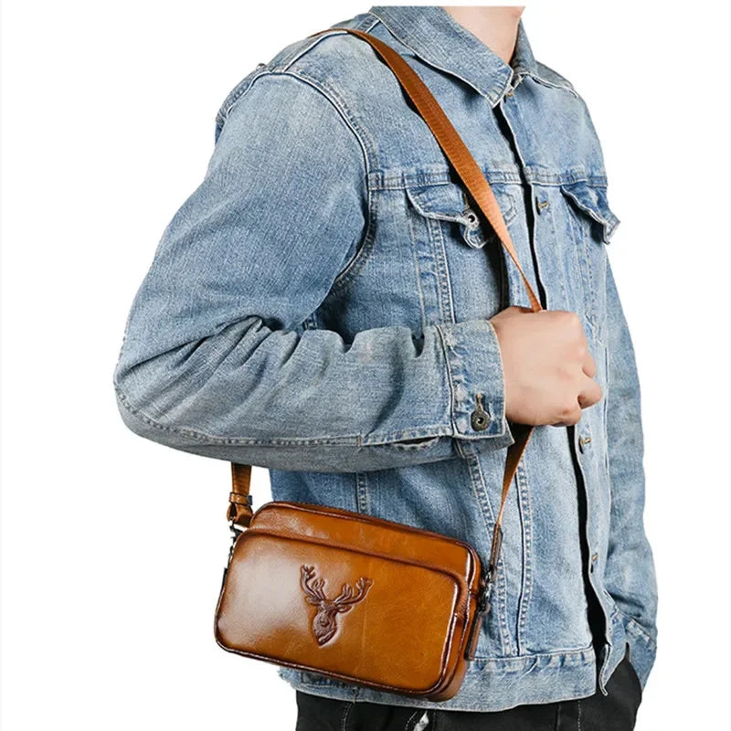Genuine Leather Deer Head Men's Shoulder Vintage Crossbody Cowhide Male Messenger Luxury Sling Bag