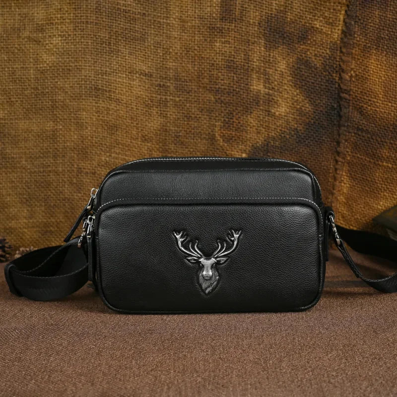 Genuine Leather Deer Head Men's Shoulder Vintage Crossbody Cowhide Male Messenger Luxury Sling Bag