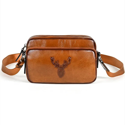 Genuine Leather Deer Head Men's Shoulder Vintage Crossbody Cowhide Male Messenger Luxury Sling Bag