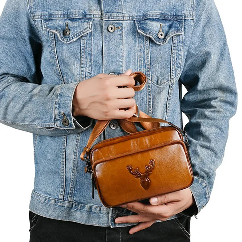 Genuine Leather Deer Head Men's Shoulder Vintage Crossbody Cowhide Male Messenger Luxury Sling Bag