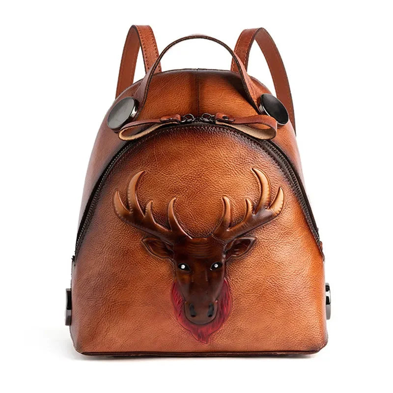 Genuine Leather Deer Head Women's Vintage Cowhide School Bags For Girls Casual Small Ladies Travel Backpack