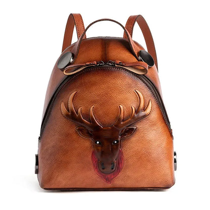 Genuine Leather Deer Head Women's Vintage Cowhide School Bags For Girls Casual Small Ladies Travel Backpack