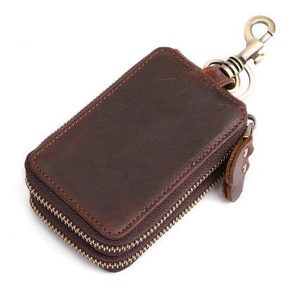 Genuine Leather Double Zipper Housekeeper Crazy Horse Cowhide Holder Multi Covers Hook chain Unisex Car Key Bag