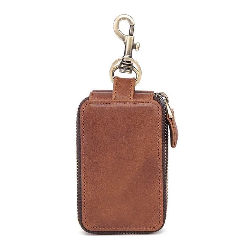 Genuine Leather Double Zipper Housekeeper Crazy Horse Cowhide Holder Multi Covers Hook chain Unisex Car Key Bag