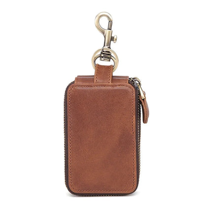 Genuine Leather Double Zipper Housekeeper Crazy Horse Cowhide Holder Multi Covers Hook chain Unisex Car Key Bag