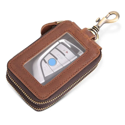 Genuine Leather Double Zipper Housekeeper Crazy Horse Cowhide Holder Multi Covers Hook chain Unisex Car Key Bag