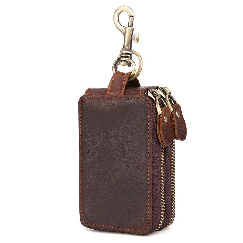 Genuine Leather Double Zipper Housekeeper Crazy Horse Cowhide Holder Multi Covers Hook chain Unisex Car Key Bag