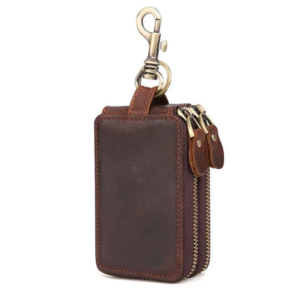 Genuine Leather Double Zipper Housekeeper Crazy Horse Cowhide Holder Multi Covers Hook chain Unisex Car Key Bag