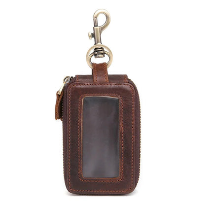 Genuine Leather Double Zipper Housekeeper Crazy Horse Cowhide Holder Multi Covers Hook chain Unisex Car Key Bag