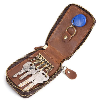 Genuine Leather Double Zipper Housekeeper Crazy Horse Cowhide Holder Multi Covers Hook chain Unisex Car Key Bag