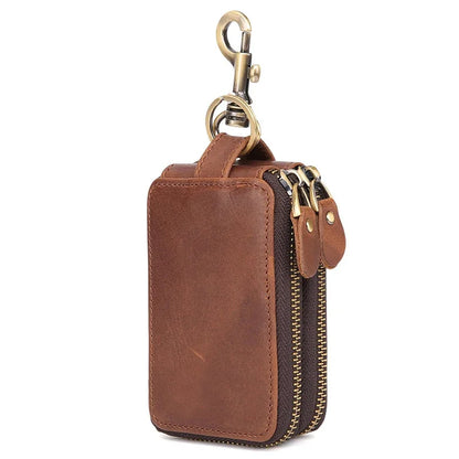Genuine Leather Double Zipper Housekeeper Crazy Horse Cowhide Holder Multi Covers Hook chain Unisex Car Key Bag