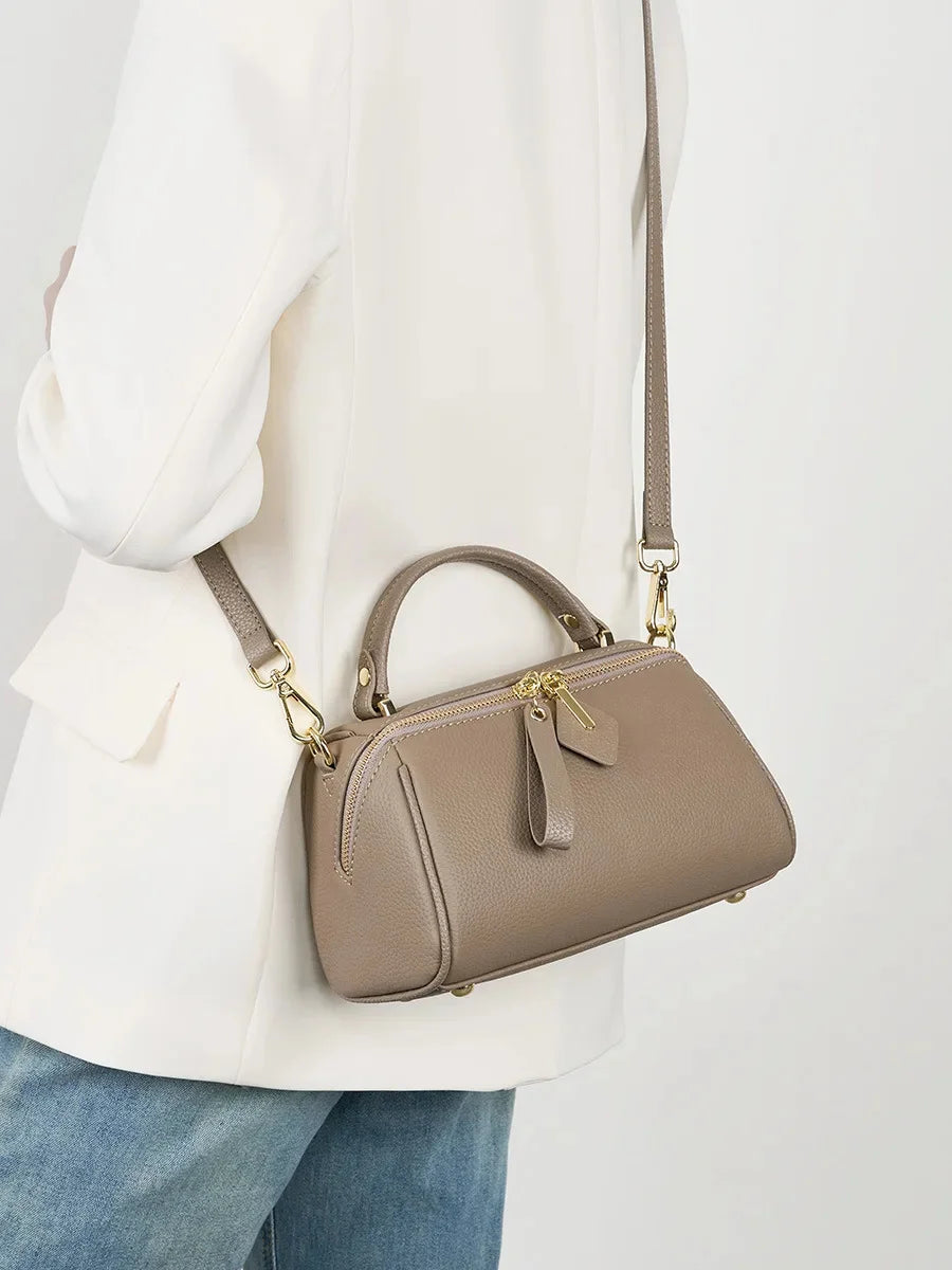 Genuine Leather Elegant Women's 2024 New Retro Simple Classic Boston Handbag Cowhide Crossbody Shoulder Bag