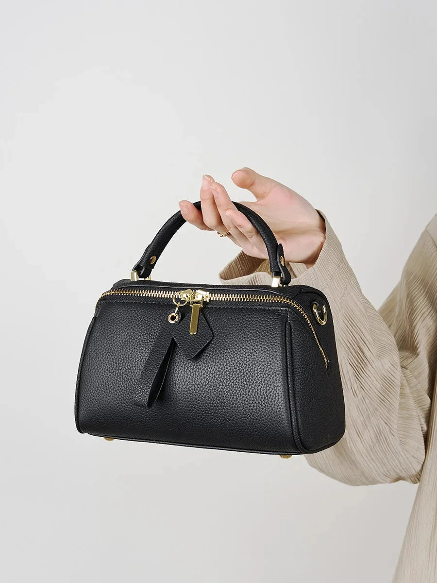 Genuine Leather Elegant Women's 2024 New Retro Simple Classic Boston Handbag Cowhide Crossbody Shoulder Bag