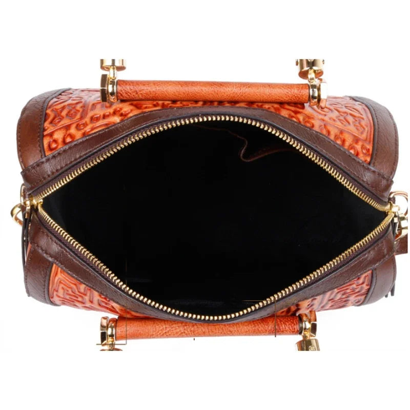 Genuine Leather Female Top Handle Messenger s Embossed Retro Design Handbag Natural Skin Women Tote Shoulder Bag