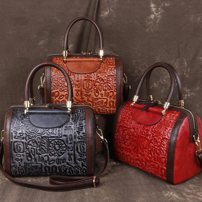 Genuine Leather Female Top Handle Messenger s Embossed Retro Design Handbag Natural Skin Women Tote Shoulder Bag