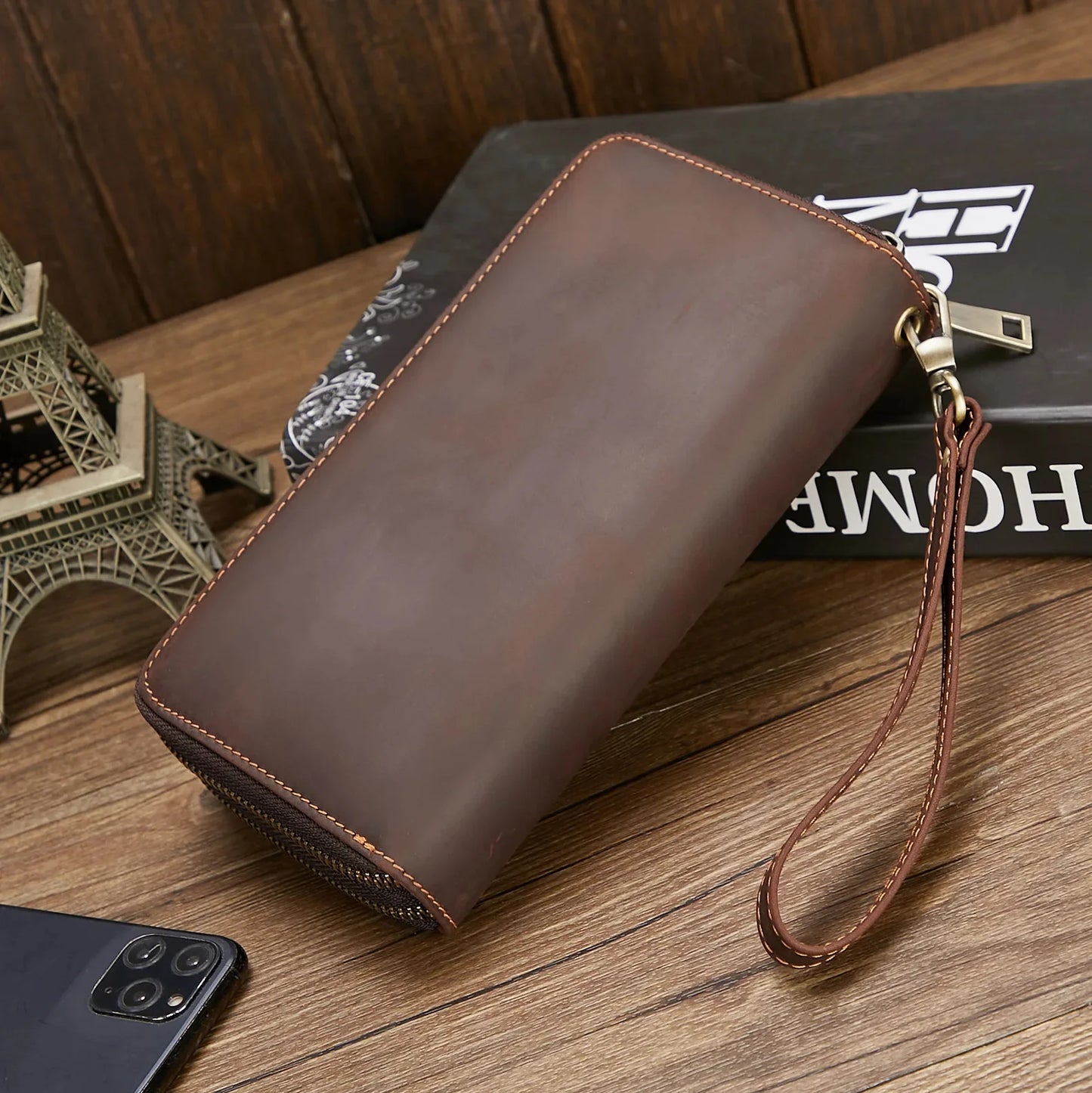 Genuine Leather For Men's Wallet Clutch Bag Card Holder Long Wallets Double Zipper Large Capacity Vintage Male Purses Fashion