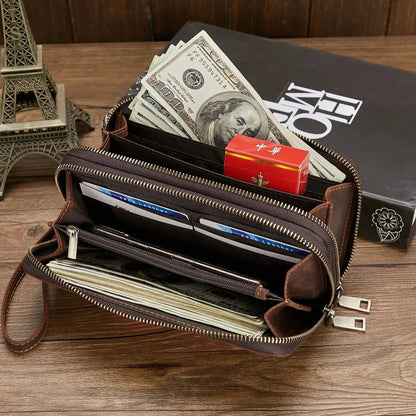 Genuine Leather For Men's Wallet Clutch Bag Card Holder Long Wallets Double Zipper Large Capacity Vintage Male Purses Fashion
