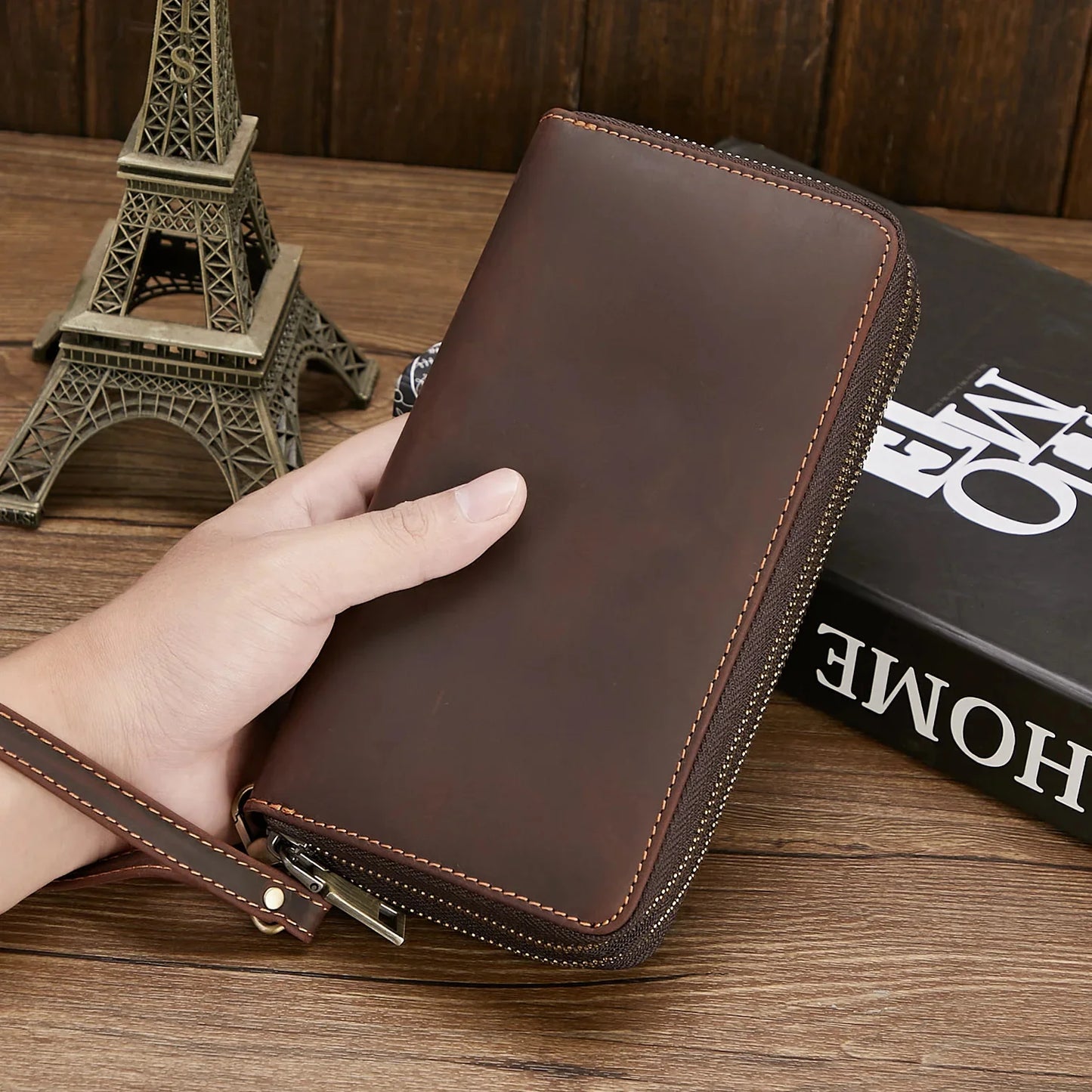 Genuine Leather For Men's Wallet Clutch Bag Card Holder Long Wallets Double Zipper Large Capacity Vintage Male Purses Fashion