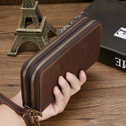 Genuine Leather For Men's Wallet Clutch Bag Card Holder Long Wallets Double Zipper Large Capacity Vintage Male Purses Fashion