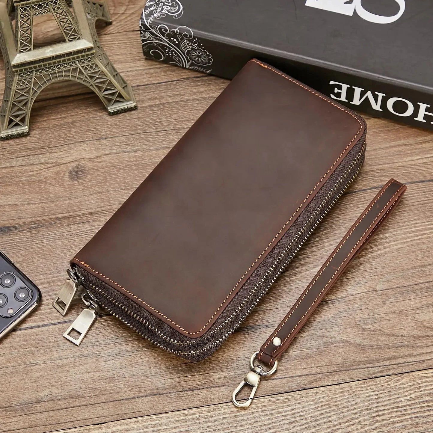 Genuine Leather For Men's Wallet Clutch Bag Card Holder Long Wallets Double Zipper Large Capacity Vintage Male Purses Fashion