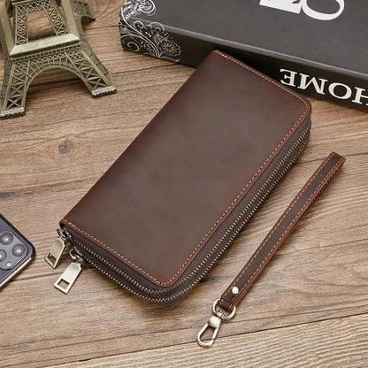 Genuine Leather For Men's Wallet Clutch Bag Card Holder Long Wallets Double Zipper Large Capacity Vintage Male Purses Fashion