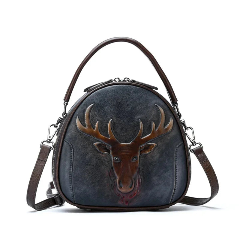 Genuine Leather Handbag Cross body Top Handle Bag For Women Deer Pattern Circular Retro Female Shoulder Tote Messenger Bags