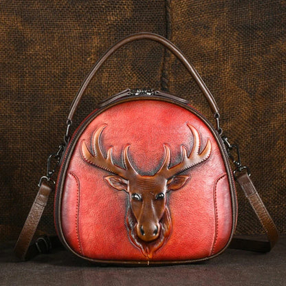 Genuine Leather Handbag Cross body Top Handle Bag For Women Deer Pattern Circular Retro Female Shoulder Tote Messenger Bags