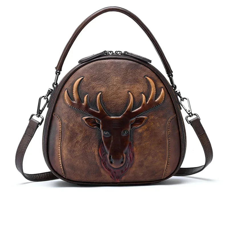 Genuine Leather Handbag Cross body Top Handle Bag For Women Deer Pattern Circular Retro Female Shoulder Tote Messenger Bags