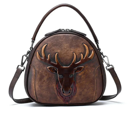 Genuine Leather Handbag Cross body Top Handle Bag For Women Deer Pattern Circular Retro Female Shoulder Tote Messenger Bags