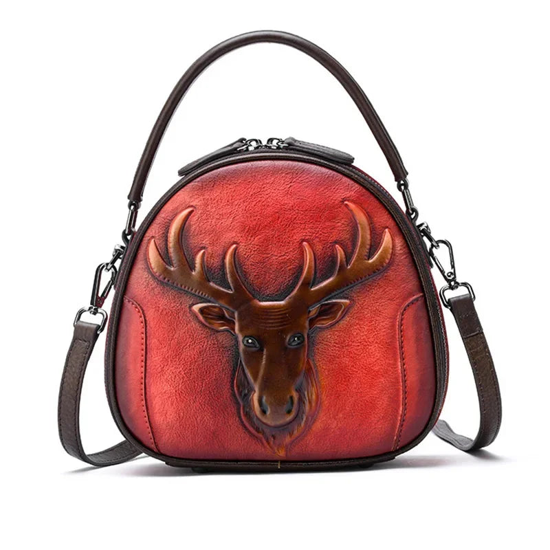 Genuine Leather Handbag Cross body Top Handle Bag For Women Deer Pattern Circular Retro Female Shoulder Tote Messenger Bags