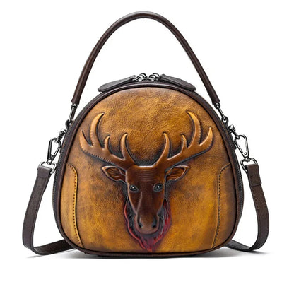 Genuine Leather Handbag Cross body Top Handle Bag For Women Deer Pattern Circular Retro Female Shoulder Tote Messenger Bags