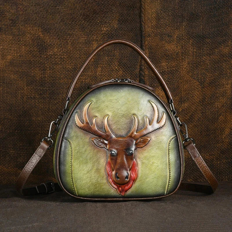 Genuine Leather Handbag Cross body Top Handle Bag For Women Deer Pattern Circular Retro Female Shoulder Tote Messenger Bags