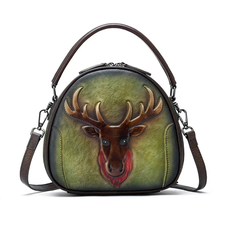 Genuine Leather Handbag Cross body Top Handle Bag For Women Deer Pattern Circular Retro Female Shoulder Tote Messenger Bags