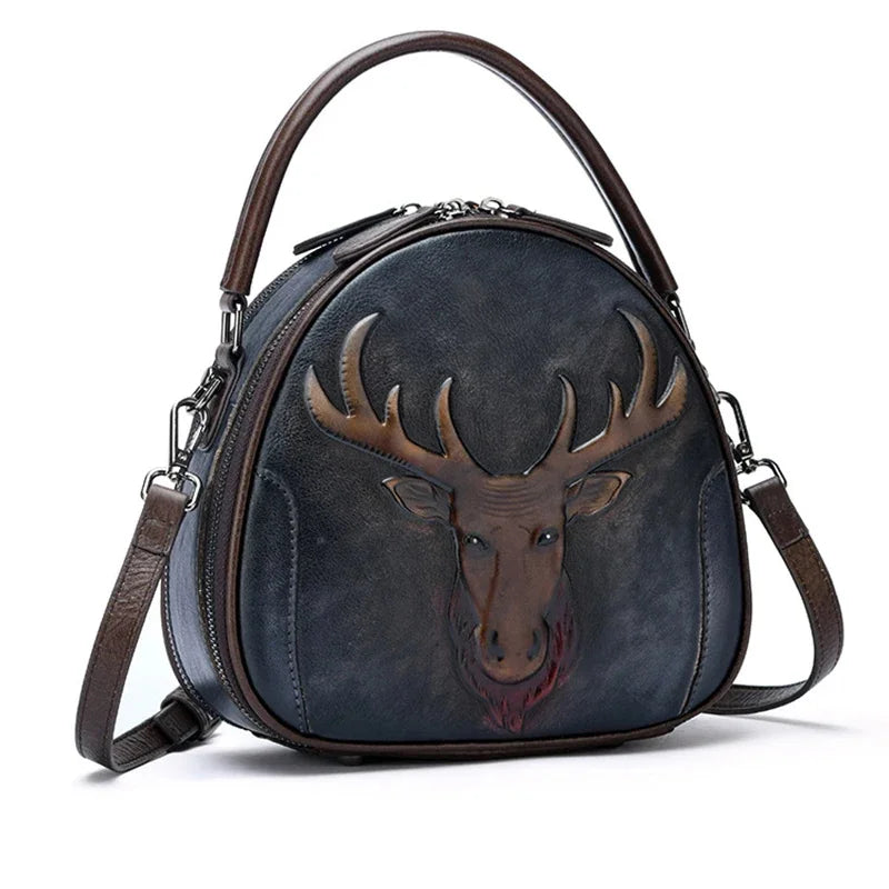 Genuine Leather Handbag Cross body Top Handle Bag For Women Deer Pattern Circular Retro Female Shoulder Tote Messenger Bags