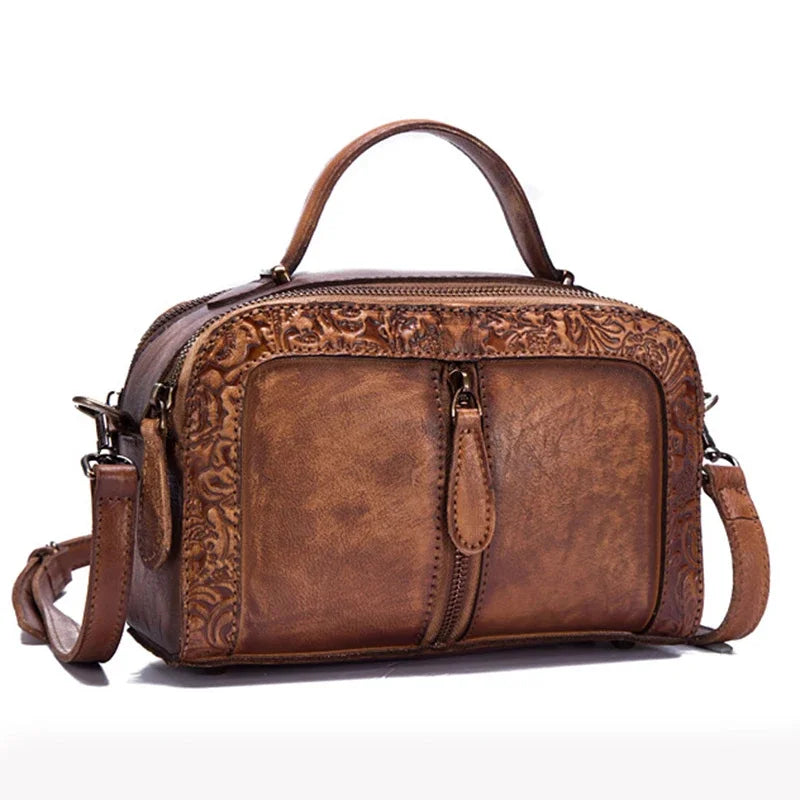 Genuine Leather Handbag Purse Women Shoulder Top Handle Bags Embossed Designer Female Real Cowhide Tote Cross body Messenger Bag