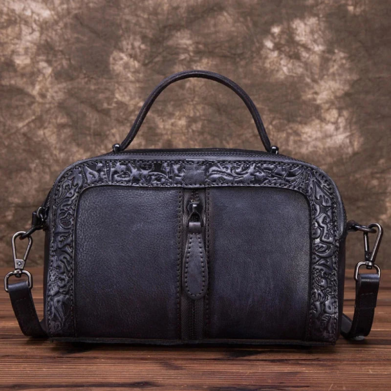 Genuine Leather Handbag Purse Women Shoulder Top Handle Bags Embossed Designer Female Real Cowhide Tote Cross body Messenger Bag