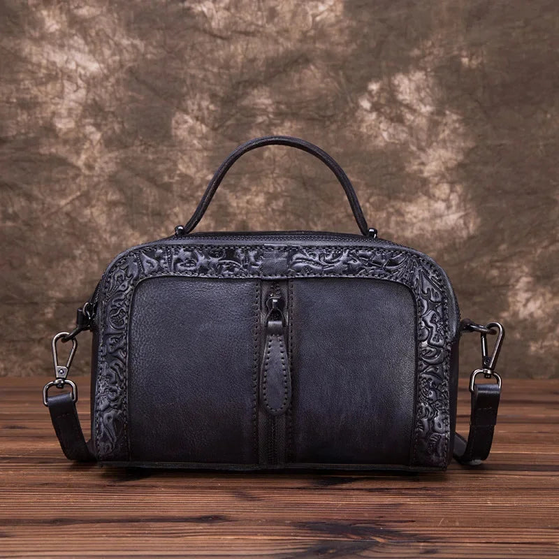 Genuine Leather Handbag Purse Women Shoulder Top Handle Bags Embossed Designer Female Real Cowhide Tote Cross body Messenger Bag