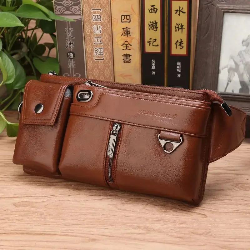 Genuine Leather Hip Bum Fanny Pack Male Cigarette Cell Phone Case Pocket Chest Bags Retro Men Nature Skin Loop Waist Belt Bag