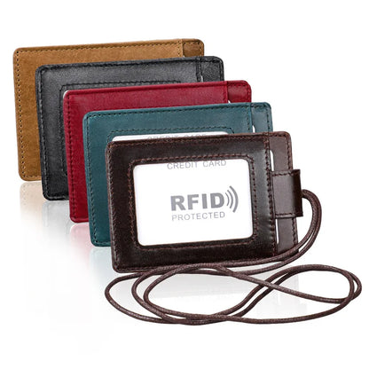 Genuine Leather ID Card Holder with Lanyard RFID Blocking Card Cover for Chest Card Hangtag Work Pass Student Bank Cards Pouch