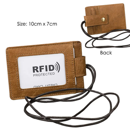 Genuine Leather ID Card Holder with Lanyard RFID Blocking Card Cover for Chest Card Hangtag Work Pass Student Bank Cards Pouch