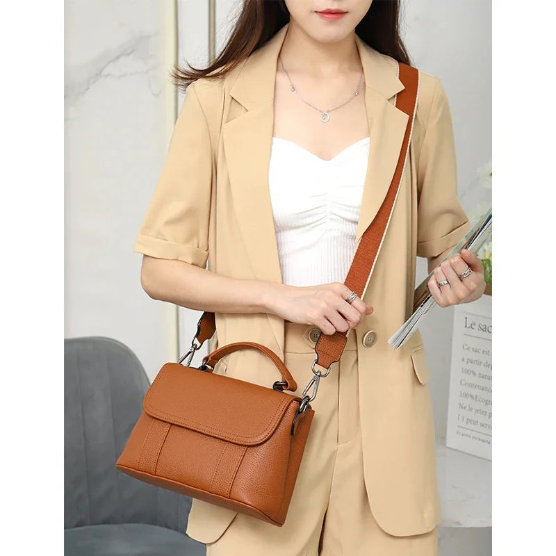 Genuine Leather Ladies First Layer Cowhide Messenger Bag New Multifunctional Single Handbag Wide Shoulder Strap Satchel