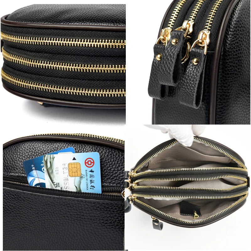Genuine Leather Ladies Shoulder Bags HandBags For Women's 2022 Fashion 3 Layer Female Crossbody Bag Cow Leather Ladies Purse Sac