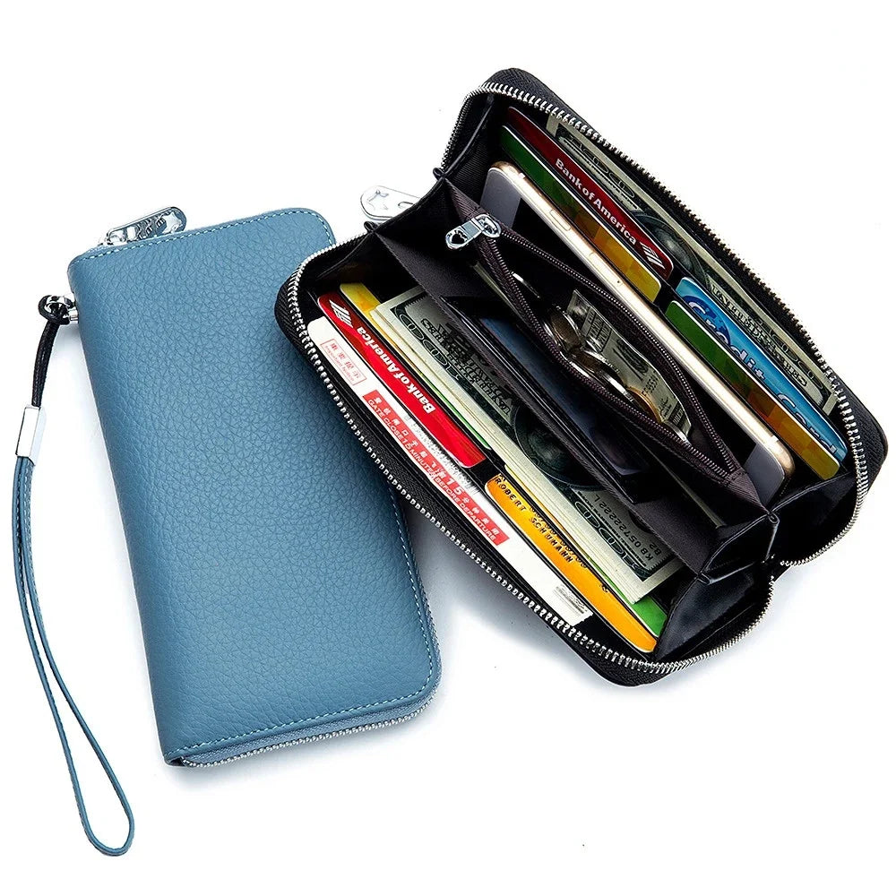 Genuine Leather Long Rfid Rotecting Stop Theft Soft Cowhide Simple Wallet Mobile Phone Bag