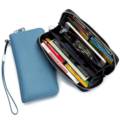 Genuine Leather Long Rfid Rotecting Stop Theft Soft Cowhide Simple Wallet Mobile Phone Bag