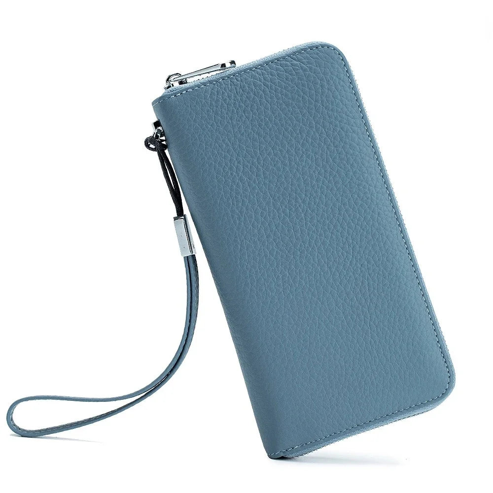 Genuine Leather Long Rfid Rotecting Stop Theft Soft Cowhide Simple Wallet Mobile Phone Bag
