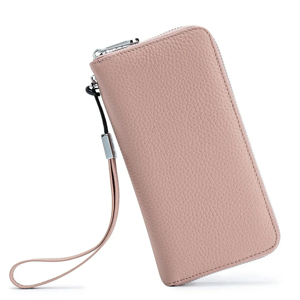 Genuine Leather Long Rfid Rotecting Stop Theft Soft Cowhide Simple Wallet Mobile Phone Bag