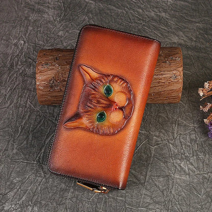 Genuine Leather Long Wallet for Women Purse ID/Credit Card Cash Holder Cat Pattern Retro Female Cowhide Money Purses Bag