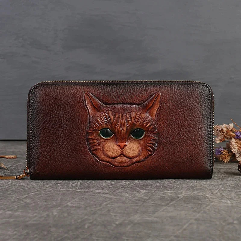 Genuine Leather Long Wallet for Women Purse ID/Credit Card Cash Holder Cat Pattern Retro Female Cowhide Money Purses Bag